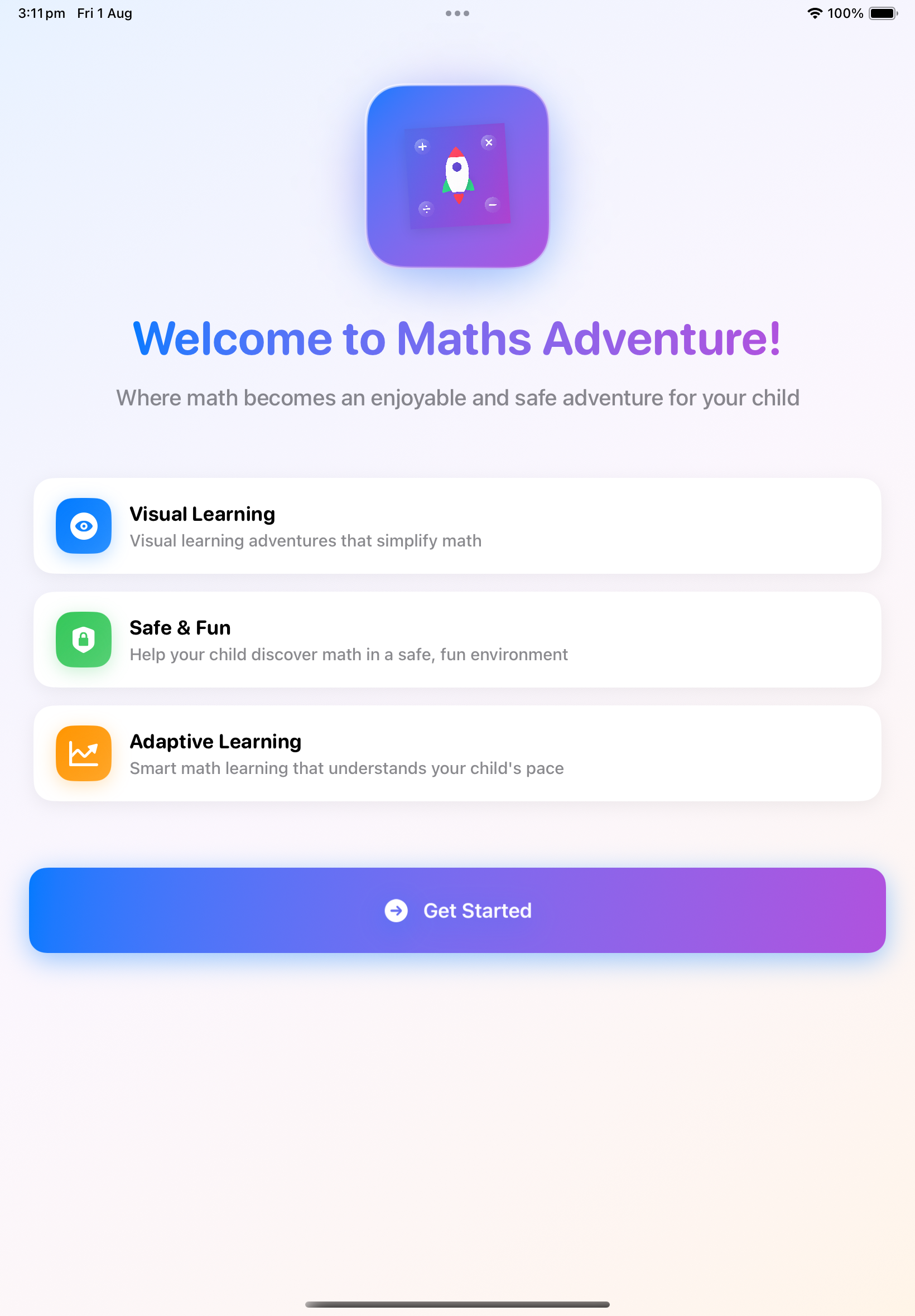 Maths Adventure welcome screen showing the app icon, key features like Visual Learning, Safe and Fun, and Adaptive Learning, with a Get Started button