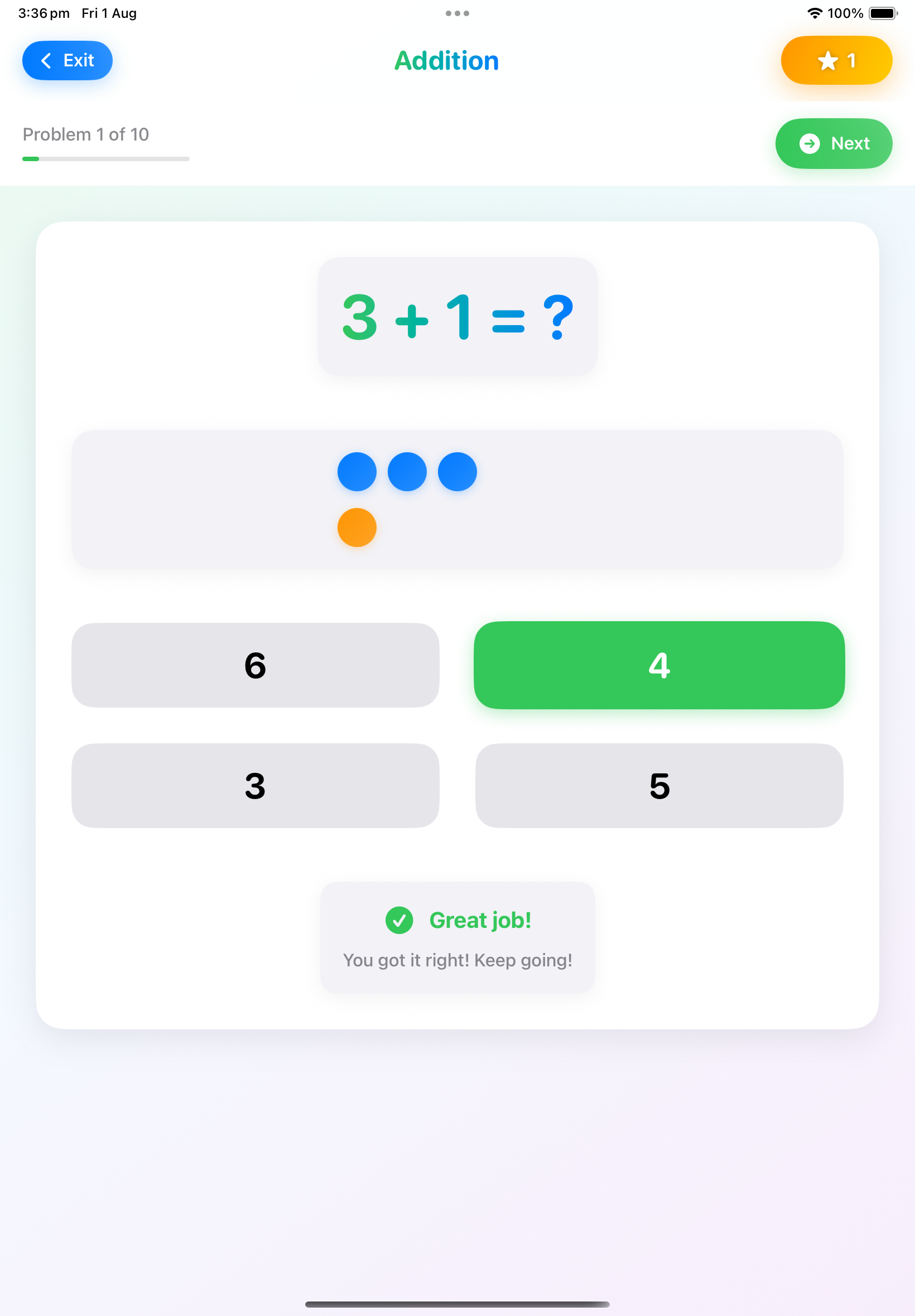 Maths Adventure addition activity showing the problem 3 plus 1 equals question mark, with coloured circle visual aids, multiple choice answers, and a Great job feedback message