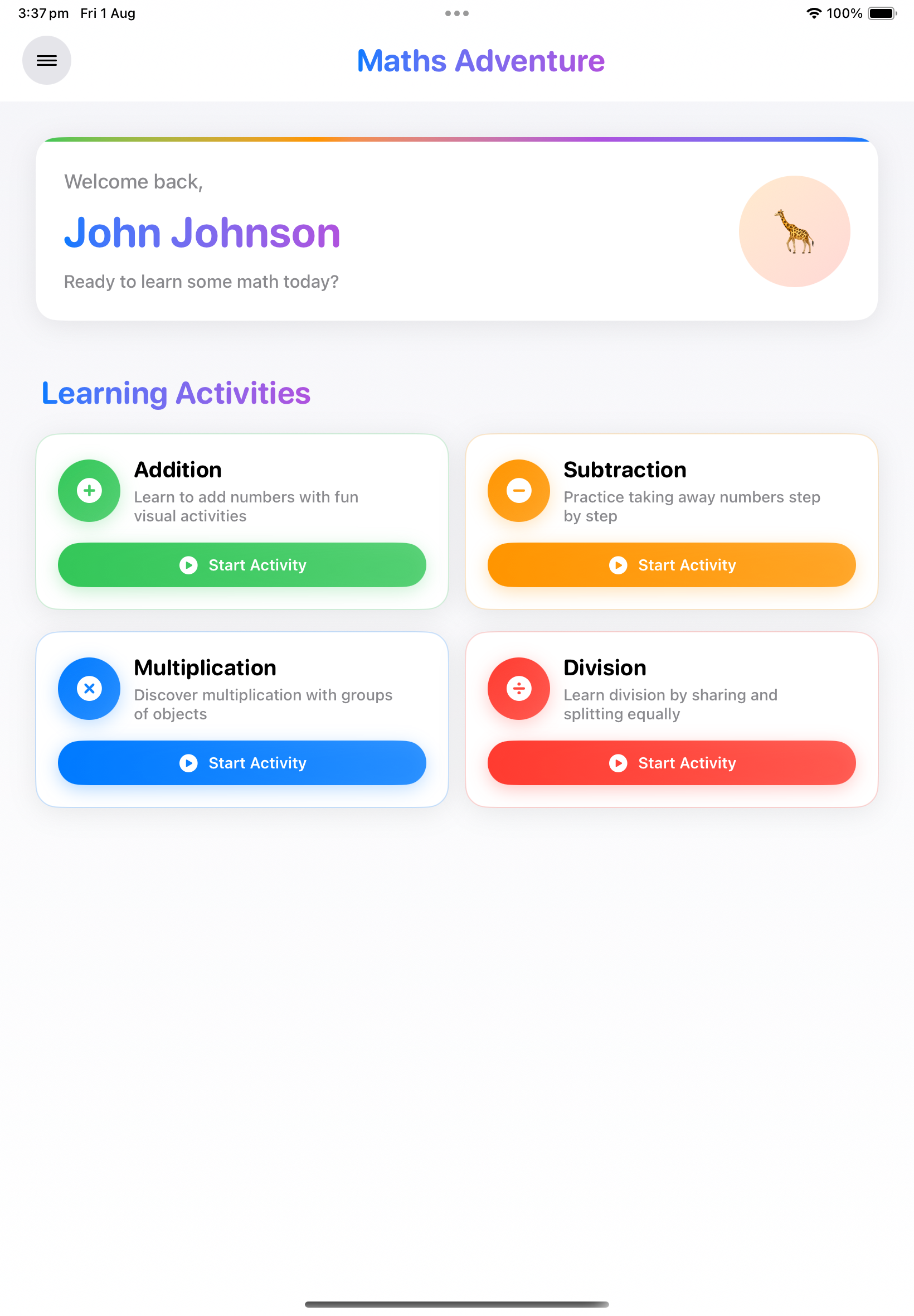 Maths Adventure dashboard showing a personalised welcome, progress bar, and four learning activity cards for Addition, Subtraction, Multiplication, and Division